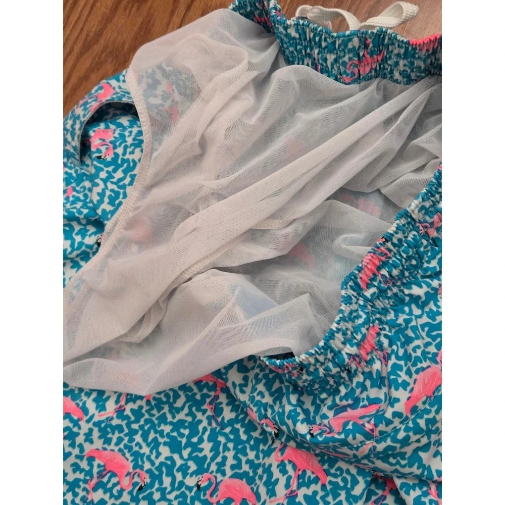 Chubbies Mens Flamingo Print Swim Trunks Blue Pink Mesh‎ Lined 7 In Inseam Small